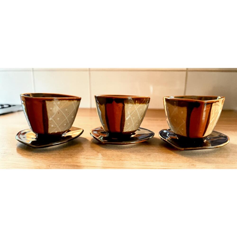 Atomic MCM Cup & Saucer Set of 3 Japan Space Age Drip Glaze 1950s Modern